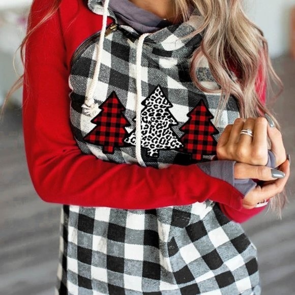 Tops - Christmas Tree Plaid Pattern Asymmetric Zip Hoodie light weight